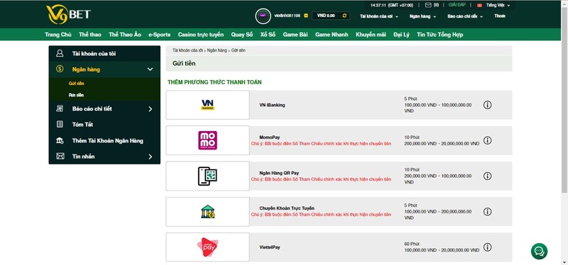 Các bước nạp tiền vào tài khoản nhà cái v9bet